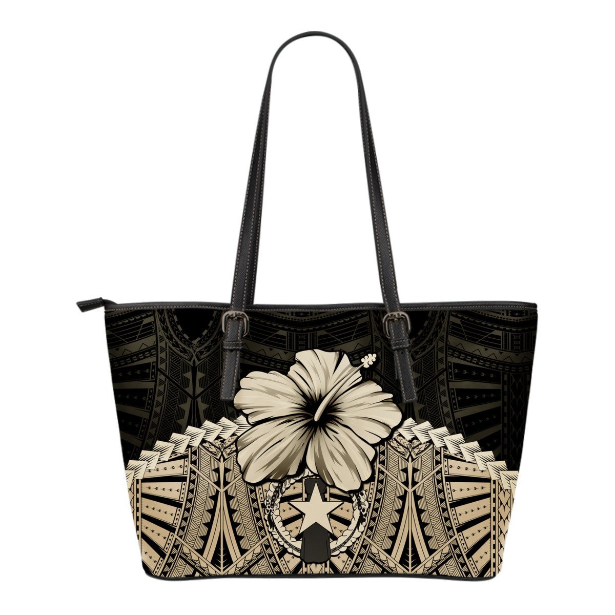 Northern Mariana Islands Small Leather Tote Bag - Hibiscus (Gold) A02 ...