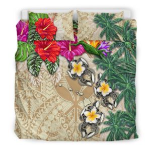 Kanaka Maoli (Hawaii) Bedding Set - Hibiscus Turtle Tattoo Beige A02