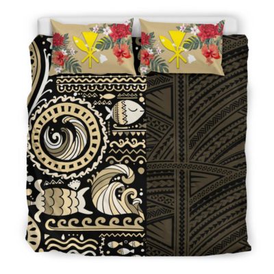 Hawaii Bedding Set - Gold Polynesian Hibiscus Tribal style A24