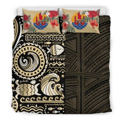 Tahiti Bedding Set - Gold Polynesian Hibiscus Tribal Style A24