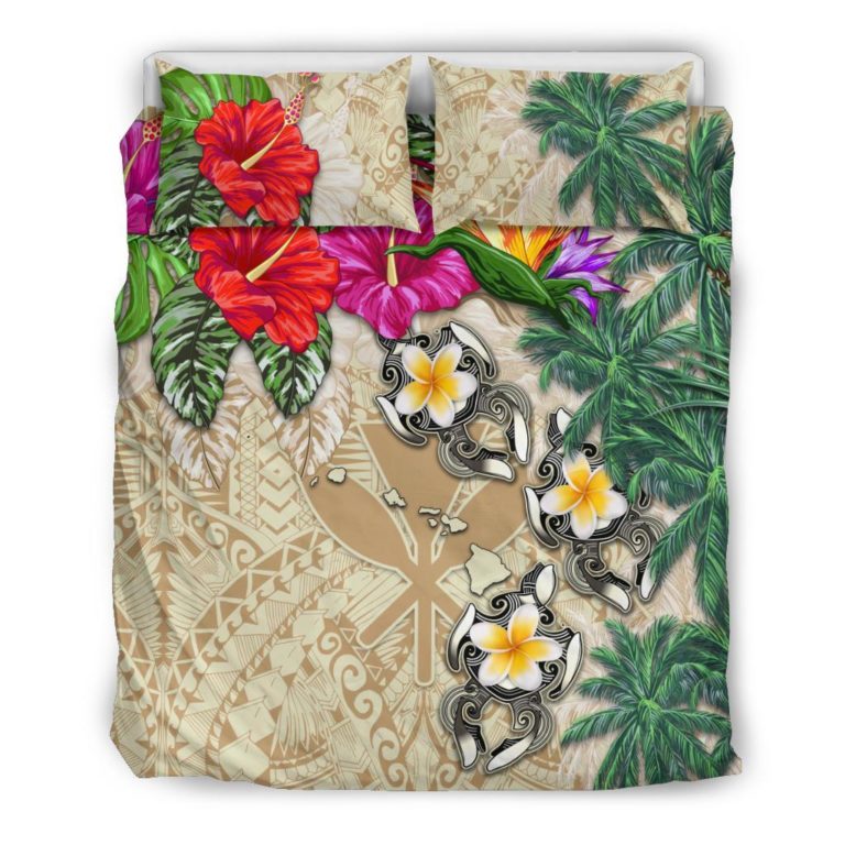 Kanaka Maoli (Hawaii) Bedding Set - Hibiscus Turtle Tattoo Beige A02