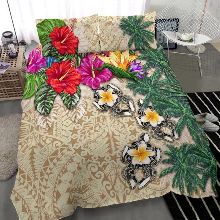 Cook Islands Bedding Set - Hibiscus Turtle Tattoo Beige A02