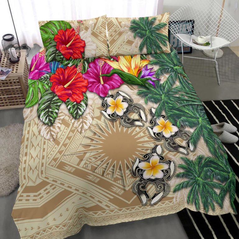 Marshall Islands Bedding Set - Hibiscus Turtle Tattoo Beige A02