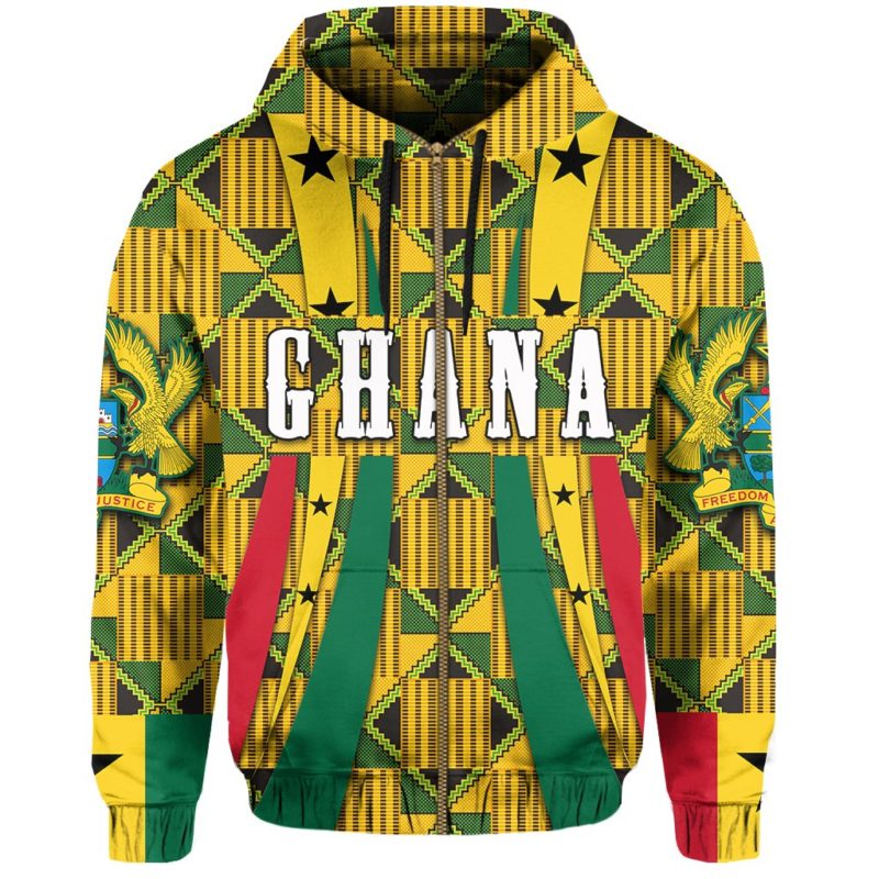Ghana Zip-Up Hoodie Ghana Coat Of Arms Zipper Hoodie Ankara Pattern TH5