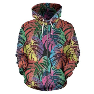 Polynesian All Over Zip-Up Hoodie - Palm Leaves Neon Color - Bn09