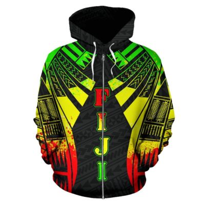 Fiji All Over Zip-Up Hoodie - Reggae Color Tattoo Style  - Bn01