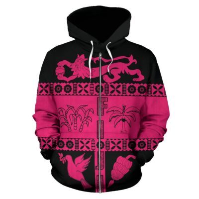 Fiji Tapa Zip Hoodie - Coat Of Arms Shield Pink K4