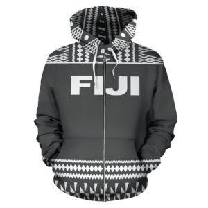 Fiji Tapa All Over Zip-Up Hoodie - Grey And White Version - Bn09