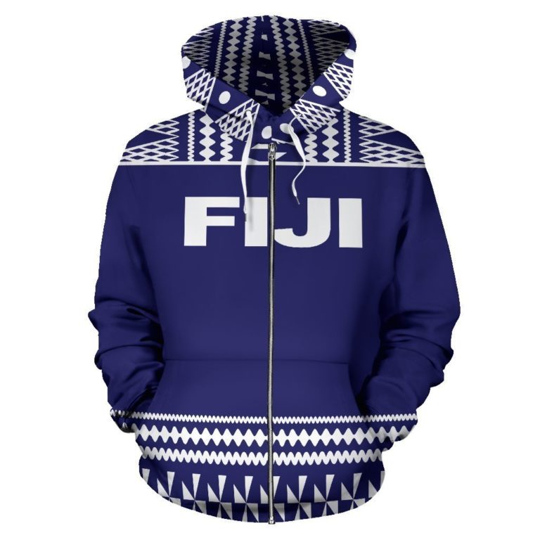 Fiji Tapa All Over Zip-Up Hoodie - Blue And White Version - Bn09