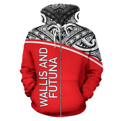Wallis And Futuna All Over Zip-Up Hoodie - Polynesian Curve Style - Bn09