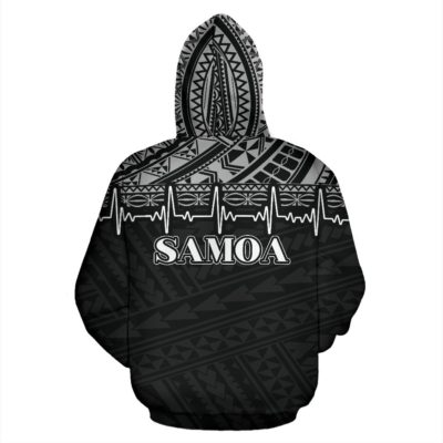 Samoa Polynesian All Over Zip-Up Hoodie - Black White Heartbeat Style - Bn01