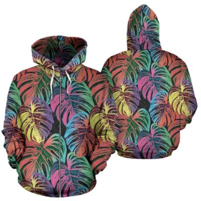Polynesian All Over Zip-Up Hoodie - Palm Leaves Neon Color - Bn09