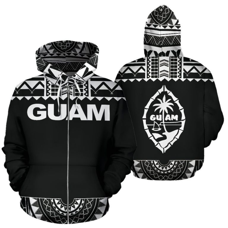 Zip Up Hoodie Guam - Polynesian Black And White - Bn09