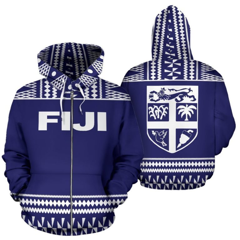 Fiji Tapa All Over Zip-Up Hoodie - Blue And White Version - Bn09