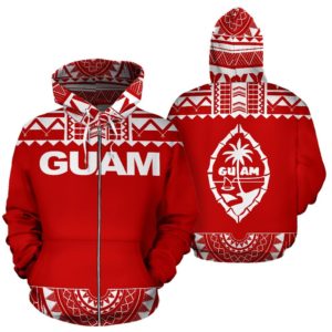 Zip Up Hoodie Guam - Polynesian Red And White - Bn09