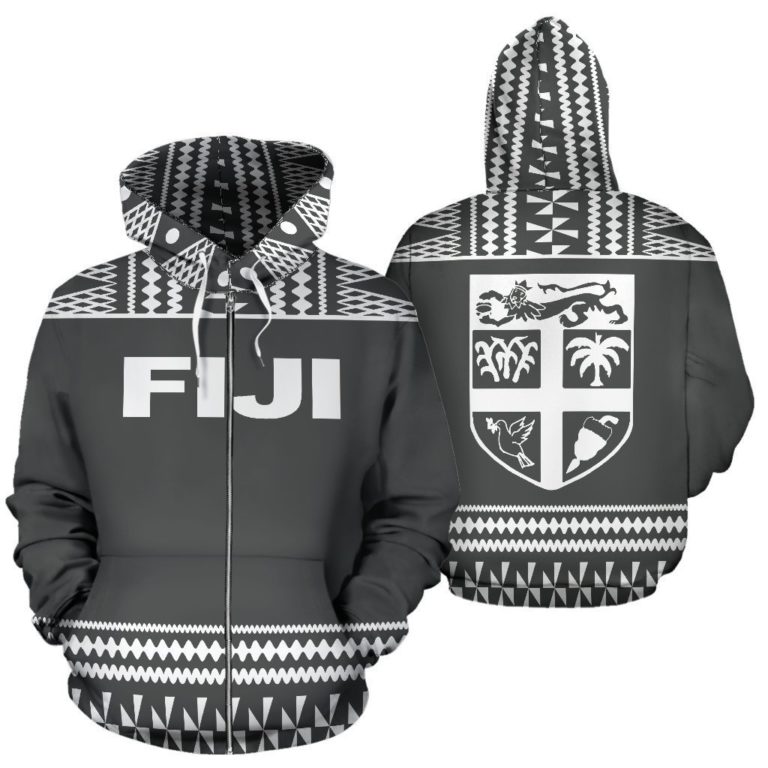 Fiji Tapa All Over Zip-Up Hoodie - Grey And White Version - Bn09