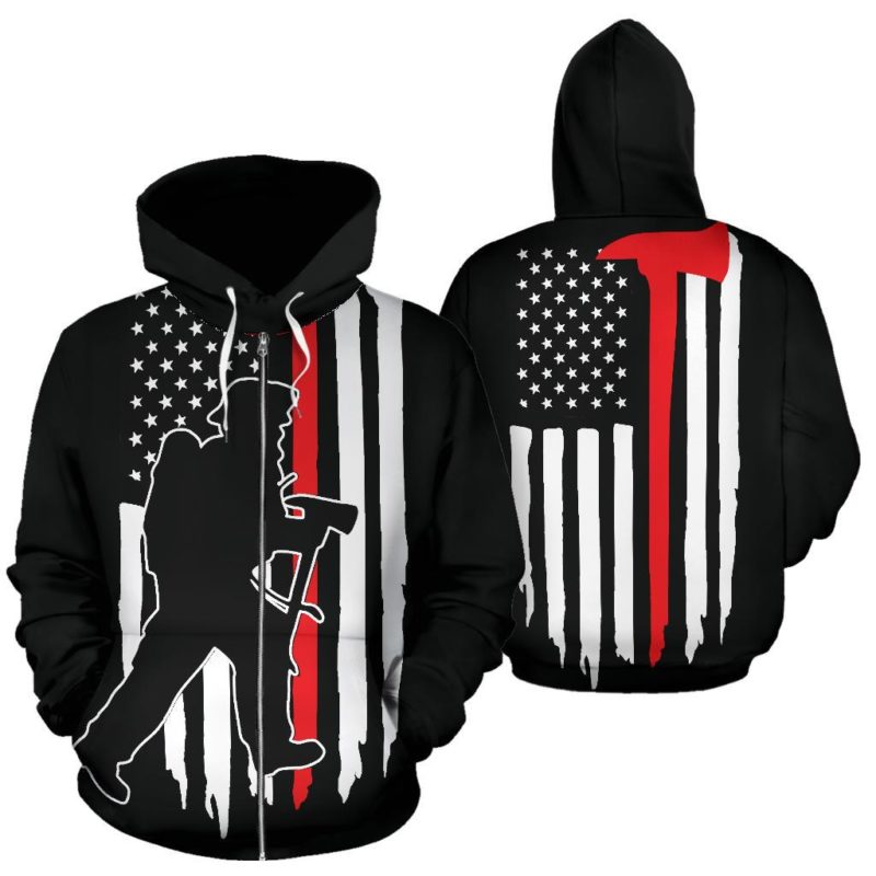 Thin Red Line American Flag Firefighter Zip Up Hoodie K4