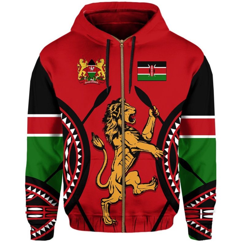 Kenya Lion Zip Hoodie Maasai Shield K4