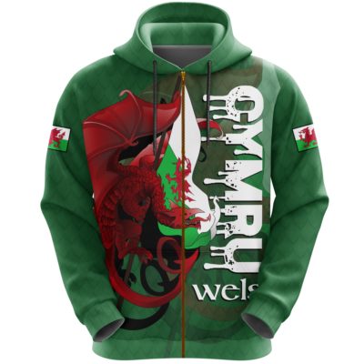 Welsh Hoodie Zipper - Wales Flag - Cymru Dragon A18