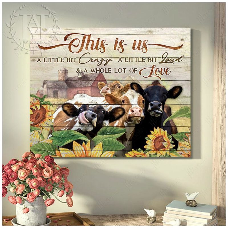 Hayooo This Is Us A Little Love, Cow Print, Sunflower Canvas, Farm Decor For Farmhouse Decor