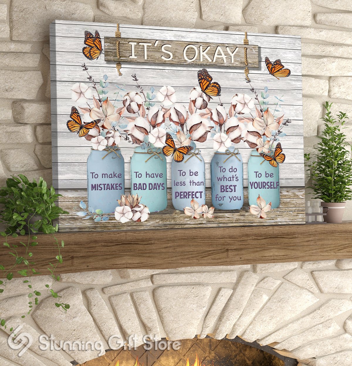 Canvas Painting Gift Monarch Butterfly Cotton Flower Mason Jar Canvas Wall Art Wall Decor It's okay to make mistakes Gift For Family