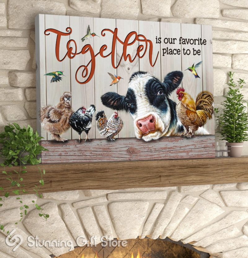 Stunning Gift Farm Animal Canvas Cow And Chicken Wall Decor Farmhouse Wall Art - Together Is Our Favorite Place To Be
