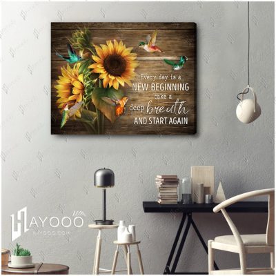Hayooo Beautiful Sunflowers And Hummingbirds On Rustic Wood Canvas Every Day Is A New Beginning Wall Art For Farmhouse Decor