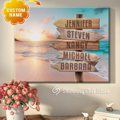 Stunning Gift Personalized Canvas, Multi-Names Ocean, Beach Sunset, Custom Canvas Gift Idea For Family
