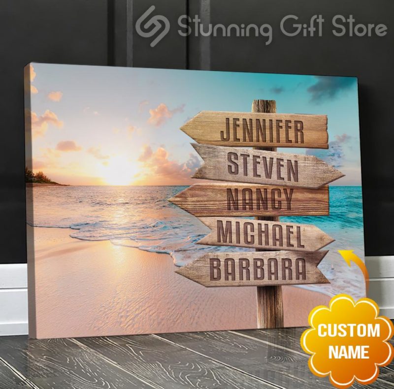 Stunning Gift Personalized Canvas, Multi-Names Ocean, Beach Sunset, Custom Canvas Gift Idea For Family