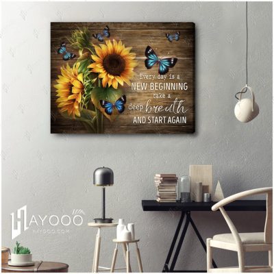 Hayooo Best Gift For Sunflowers And Butterflies Lovers On Rustic Wood Canvas Every Day Is A New Beginning Wall Art For Farmhouse Decor