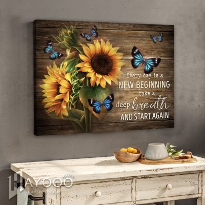 Hayooo Best Gift For Sunflowers And Butterflies Lovers On Rustic Wood Canvas Every Day Is A New Beginning Wall Art For Farmhouse Decor
