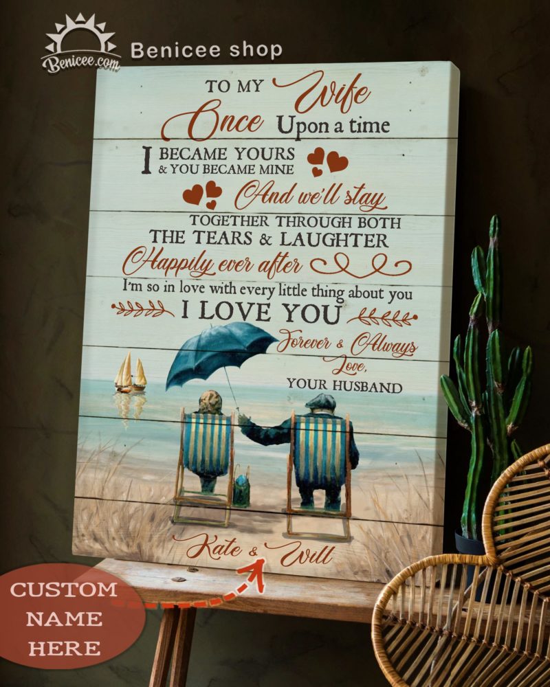 Benicee Custom Name Family To My Wife, I Love You, Beach Signs, Old Couple Wall Art Canvas