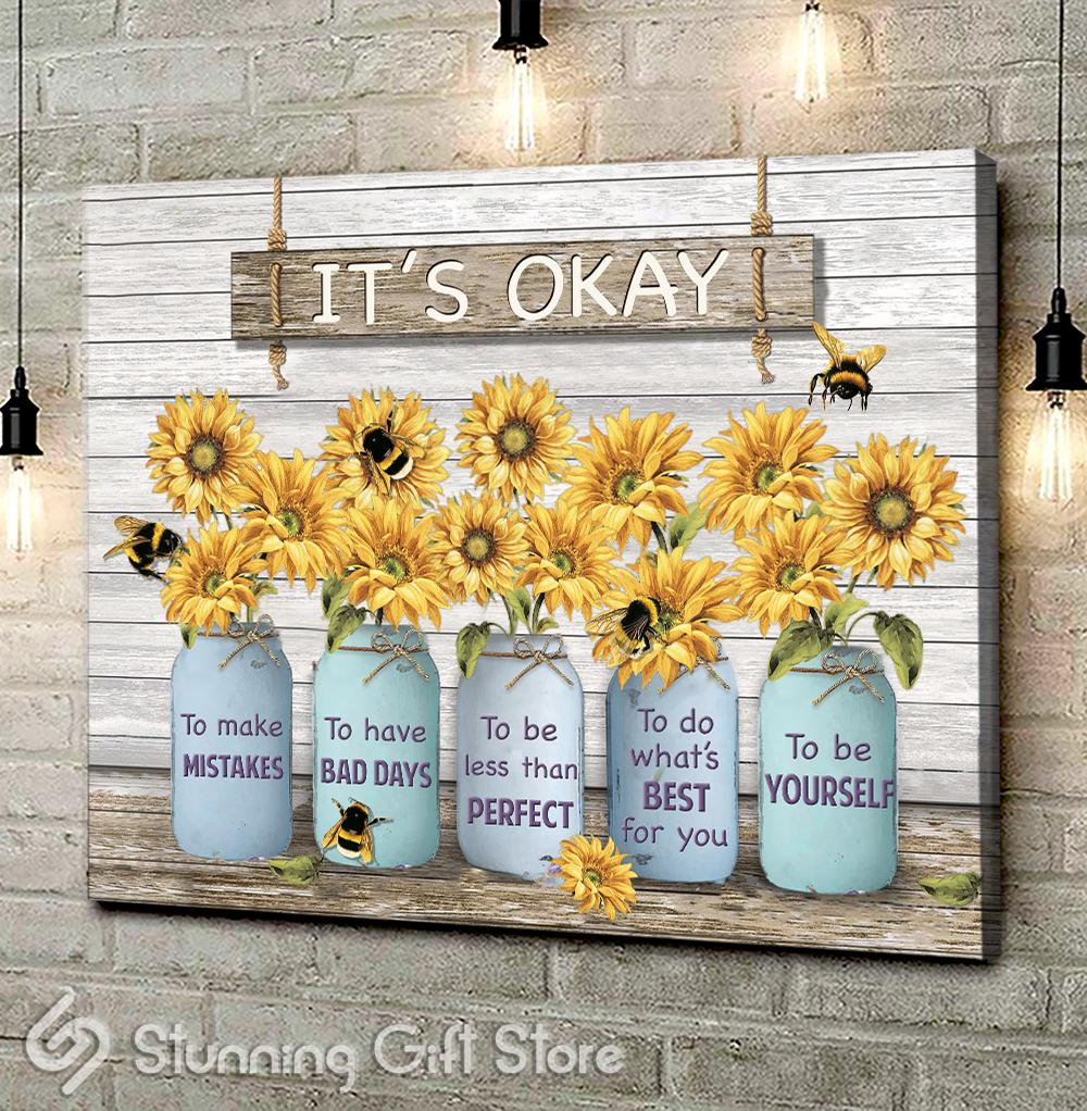 Bee Sunflower Mason Jar Poster Canvas It’S Okay To Make Mistakes Wall ...