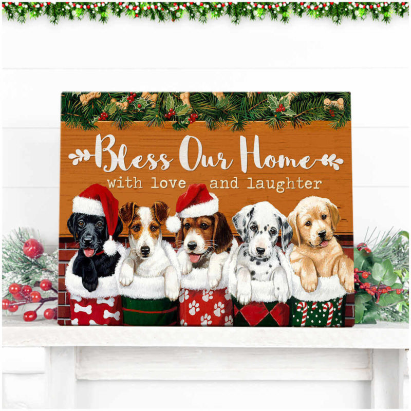 Christmas Dogs Canvas Bless our home with love and laughter Wall Art Decor