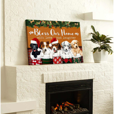 Christmas Dogs Canvas Bless our home with love and laughter Wall Art Decor