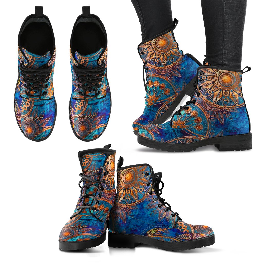 Blue Gold Tribal Sun Leather Boots - Art Hoodie