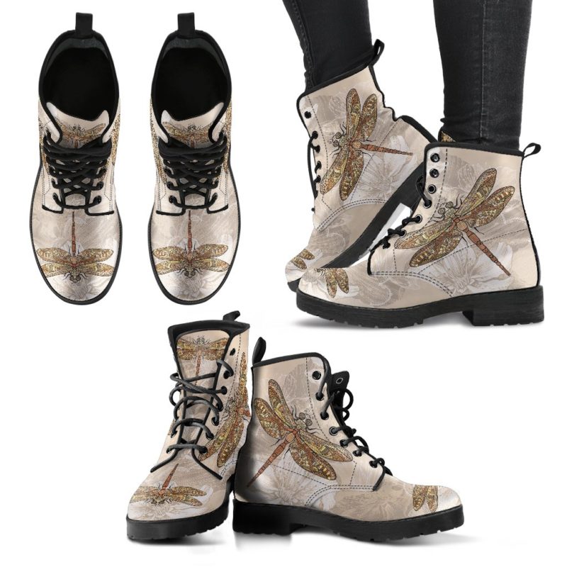 Beige Dragonfly Leather Boots