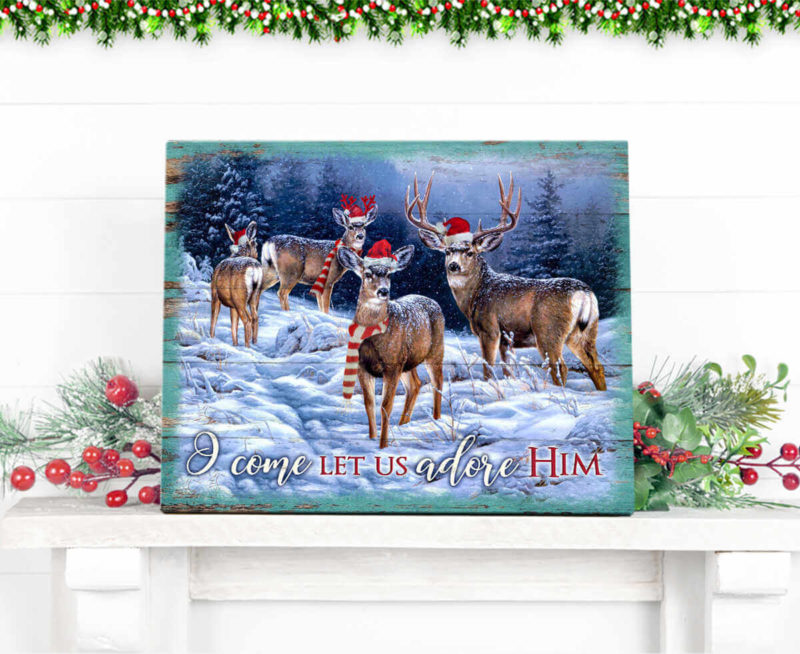 Christmas Deer Canvas O come Let us adore him Wall Art Decor