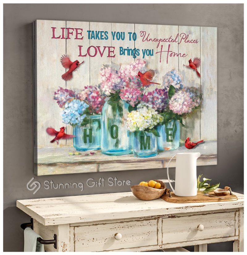 Cardinal Mason Jar Flower Poster Canvas Love Brings You Home Wall Art ...