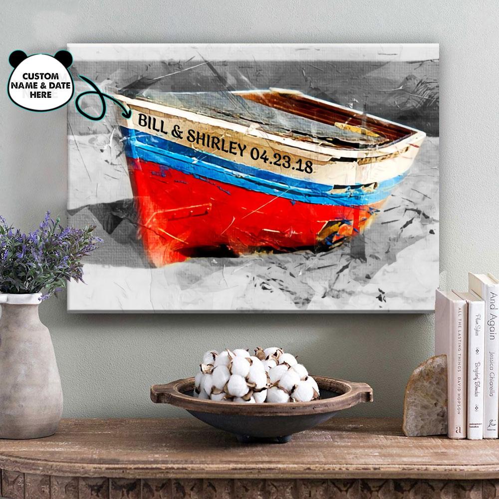 [Personalized Name & Date] Name Boat Husband Wife Love Anniversary Gift Horizontal Canvas