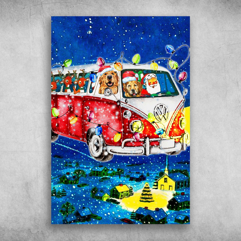Cute Dogs Red Reindeer And Santa Claus Driving Bus On Christmas Day