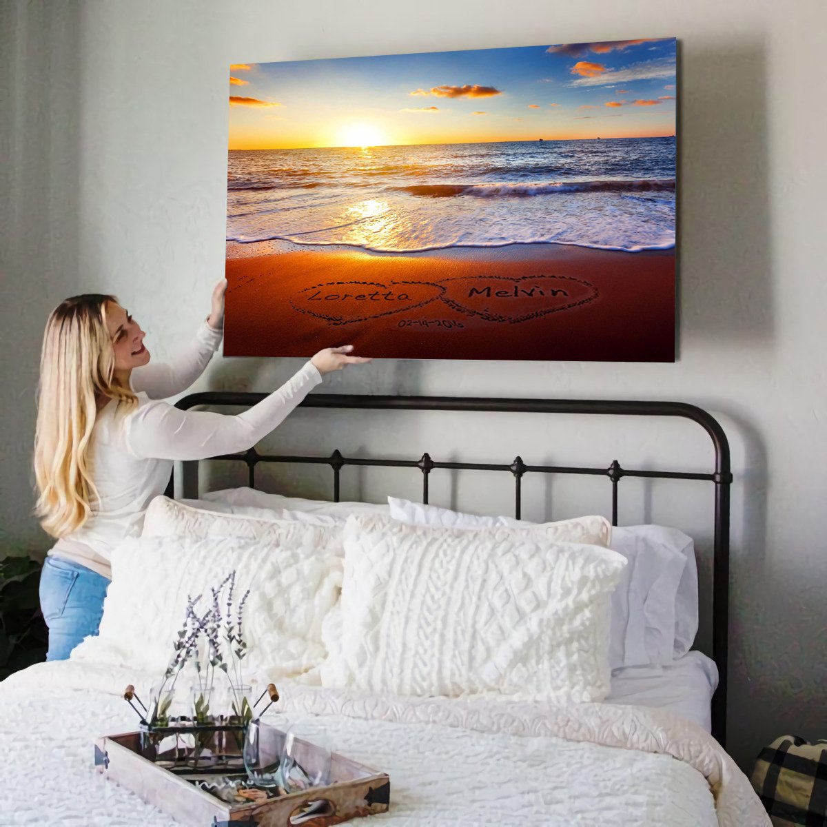 [Personalized names and date] Beach sand couple names Horizontal Canvas - Gift for wive, anniversary gift, wedding gift