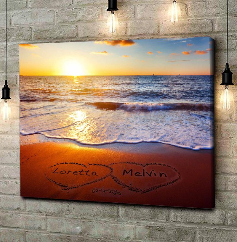 [Personalized names and date] Beach sand couple names Horizontal Canvas - Gift for wive, anniversary gift, wedding gift