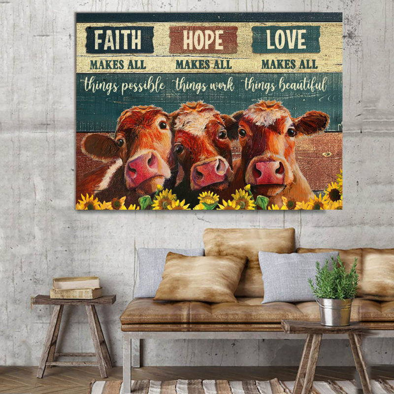 Dairy Cattle Cow Canvas wall art Canvas Cow Hanging Wall Print Art Decor Faith Hope Love Poster, Canvas 2910