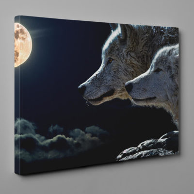 Wolf Couple At Full Moon Canvas Wall Art