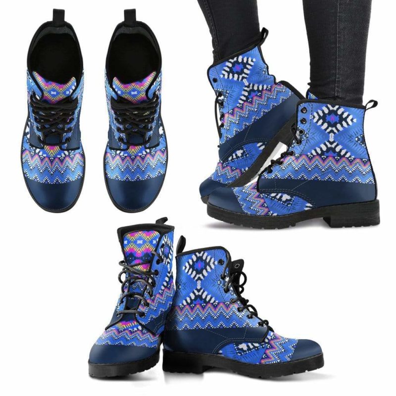 Blue Bohemian Pattern Leather Boots