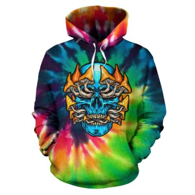 Rave Tie Dye design with mushroom and crazy skull Two Pullover Hoodie