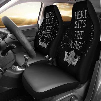Silver King & Queen Sits Here Car Seat Covers (set of 2)