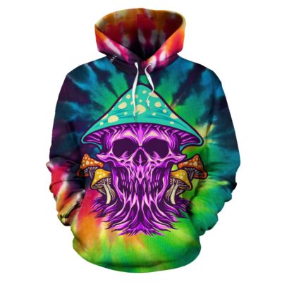 Rave Tie Dye design with mushroom and crazy skull One Pullover Hoodie