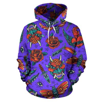 Violet Tropical Flowers Art Design Pullover Hoodie
